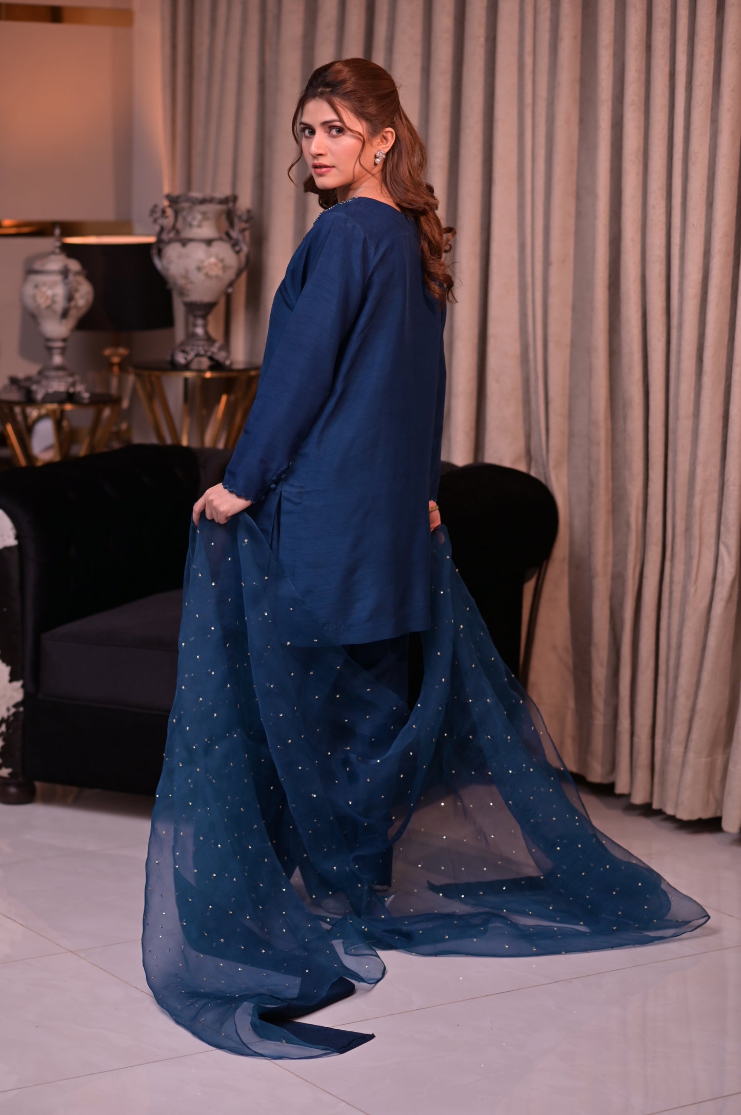 Navy Blue Korean Silk Ensemble