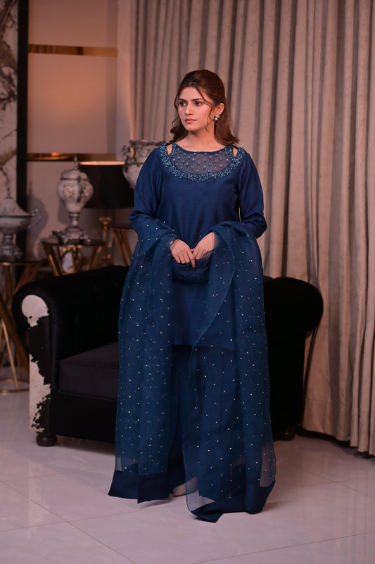 Navy Blue Korean Silk Ensemble