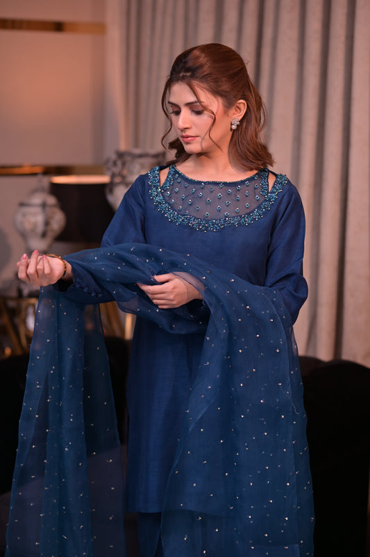 Navy Blue Korean Silk Ensemble